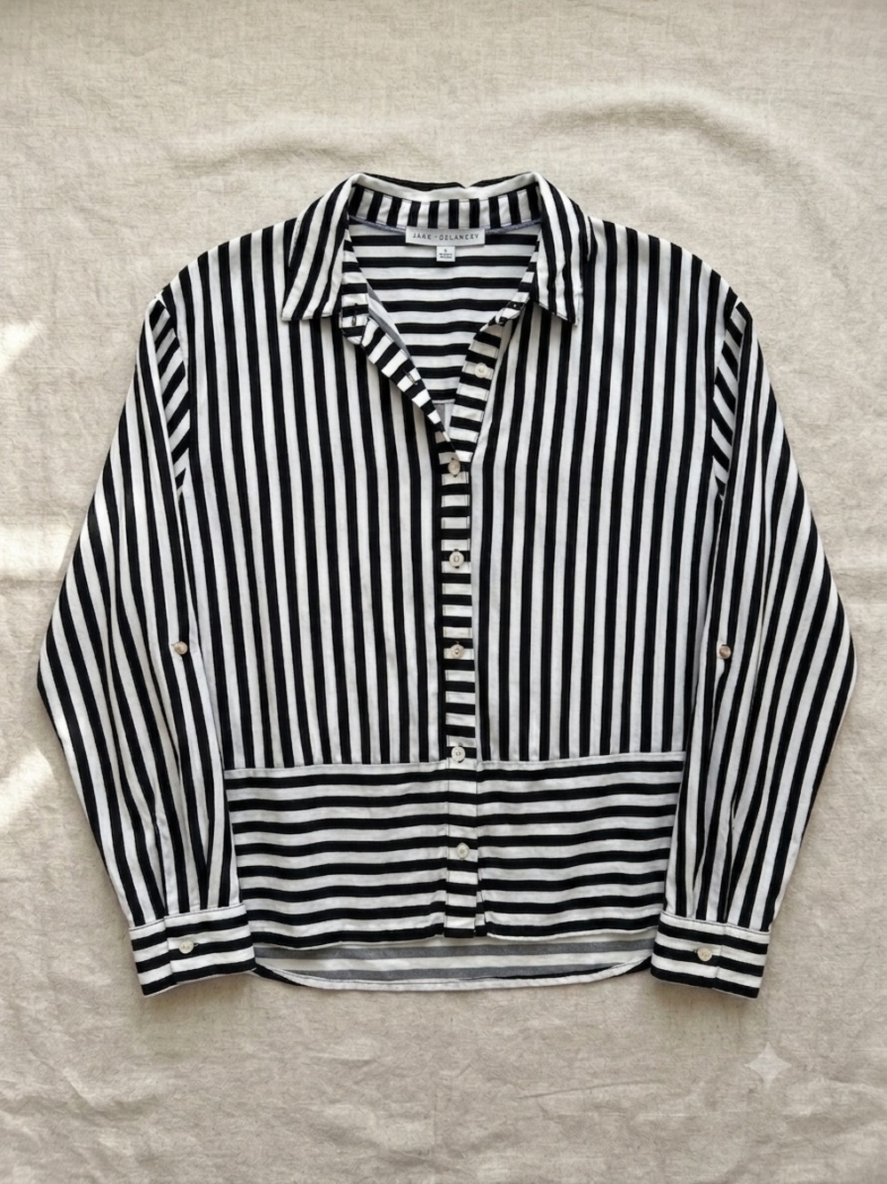 Jane + Delancey Mixed Stripe Roll Tab Button Up Shirt Blouse Black White L